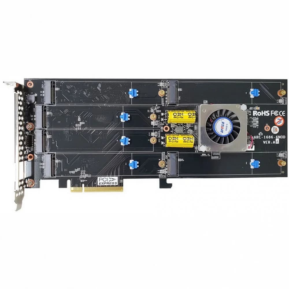 RAID-контроллер Areca ARC-1686-6NOD PCIe 4.0 x8 Full Height, 6 x M.2 Connector, Tri-mode interface at each M.2 bays - 12Gb/s SAS/SATA / Gen 4.0 PCIe (NVMe), RAID 0,1,10,JBOD, Hold-up Supercapacitor