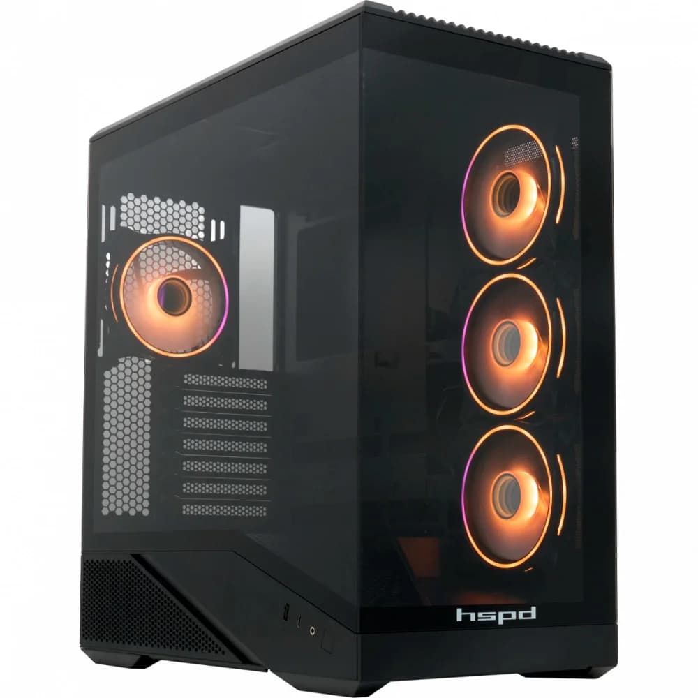 Корпус без блока питания/ Case HSPD F711, Panoramic Full Tower, Black, TG, 0.7 SPCC, 4x120mm ARGB (FN027) ATX, mATX, mITX 190/420/280mm 2x2.5", 2x3.5", 7xPCI 1xUSB-A 3.0, 1xUSB-C 445x235x475mm