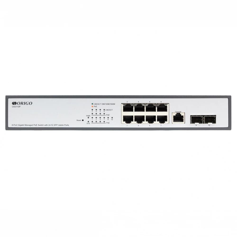 Коммутатор ORIGO Управляемый L2 PoE-коммутатор, 8x1000Base-T PoE, 2x1000Base-X SFP, PoE-бюджет 135 Вт, консольный порт RJ-45, комплект для установки в 19" стойку