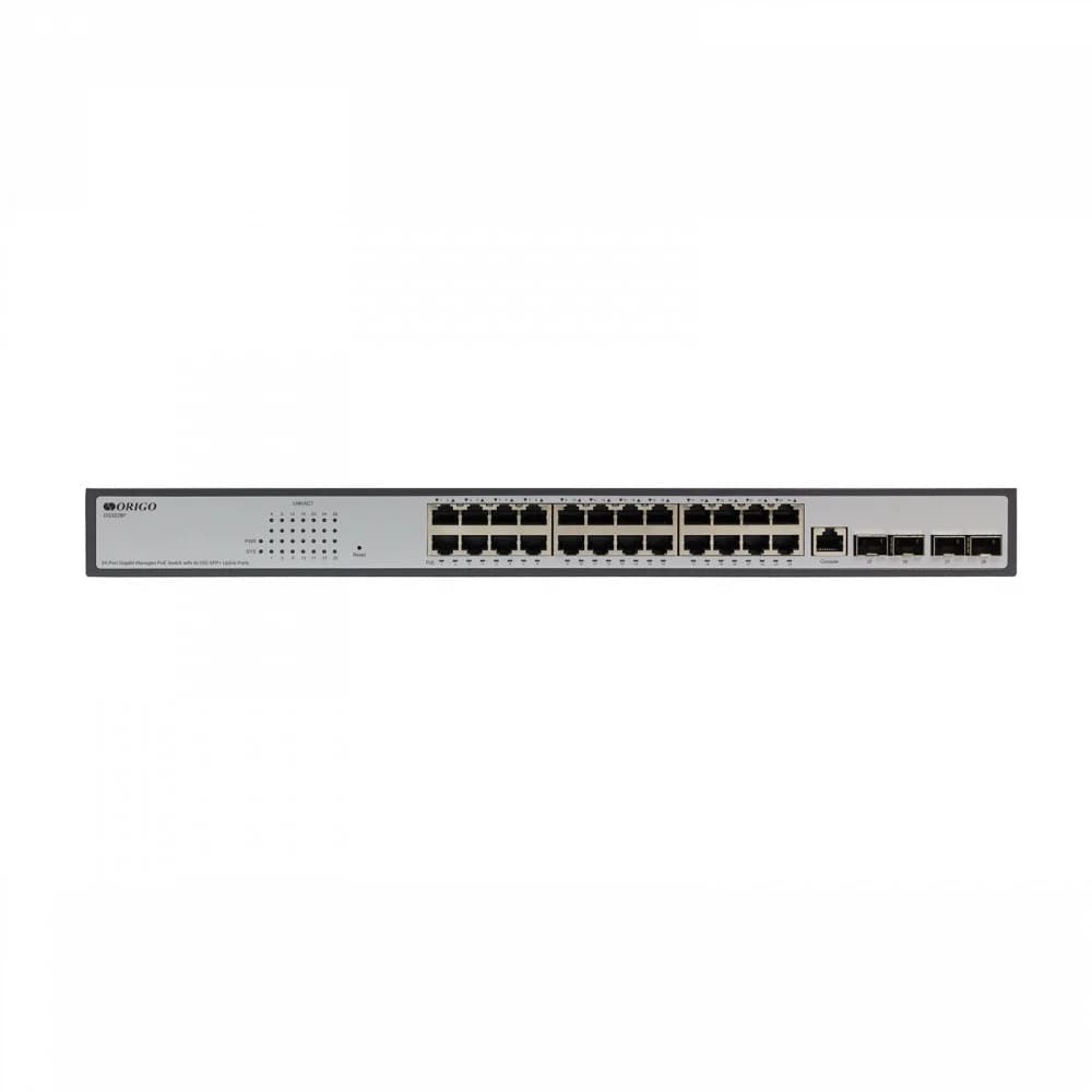 Коммутатор ORIGO Управляемый L3 PoE-коммутатор, 24x1000Base-T PoE, 4x10GBase-X SFP+, PoE-бюджет 250 Вт, консольный порт RJ-45, комплект для установки в 19" стойку