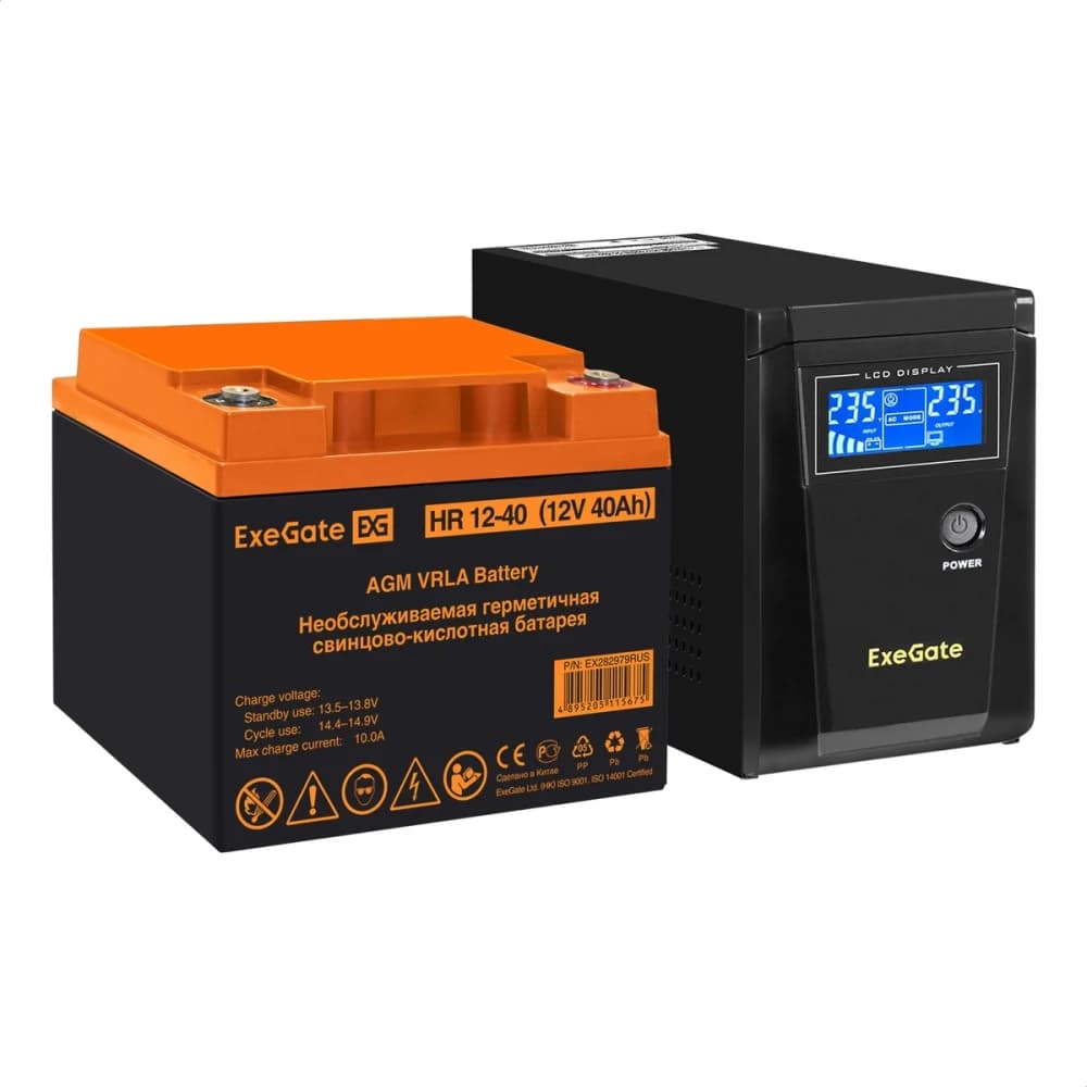 Комплект ИБП EX295986RUS + батарея 40Aч EX282979RUS 1шт (инвертор, синус, для котла) ExeGate SineTower SZ-600.LCD.AVR.1SH <600VA/360W, чистый синусоида, LCD дисплей, AVR, 1*Schuko, линейно-интеракти