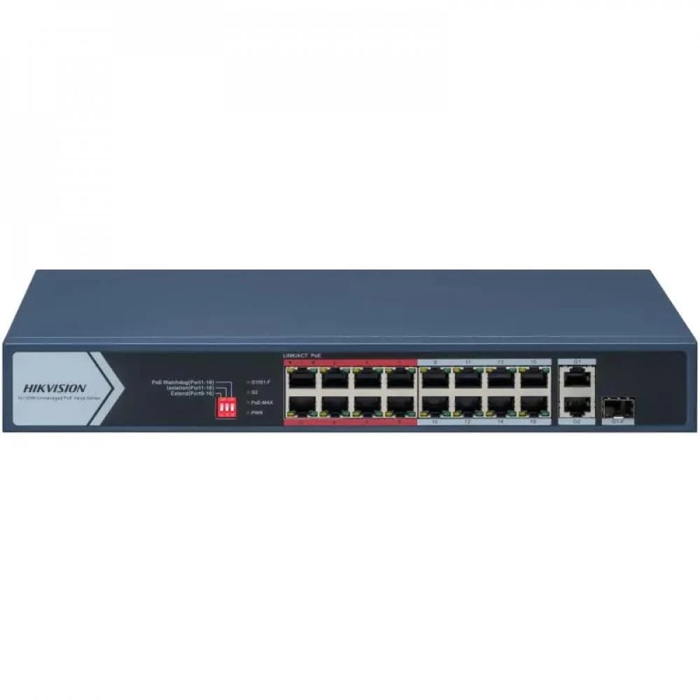 PoE Сетевой коммутатор | Интерфейс: PoE 16×RJ45 10/100Мбит/с / Uplink 1×RJ45 1Гбит/с / Uplink Combo 1×RJ45 1Гбит/с + 1×SFP 1Гбит/с | PoE Стандарт: IEEE 802.3af / IEEE 802.3at | Скорость коммутации: