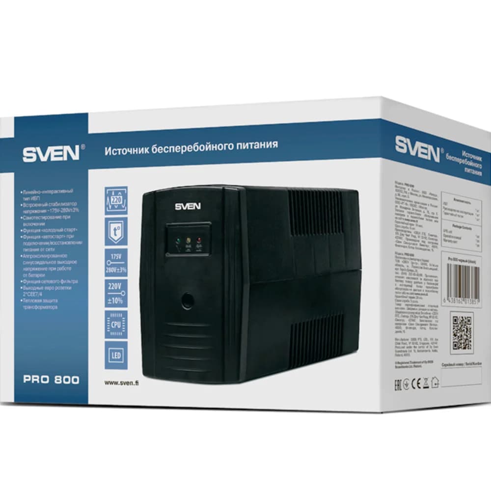 ИБП SVEN Pro 800, линейно-интерактивный, автоматический стабилизатор напряжения, 480Вт, 800Ва, 2 евророзетки/ UPS SVEN Pro 800, line-interactive, automatic voltage regulator, 480W, 800Va, 2 outlets