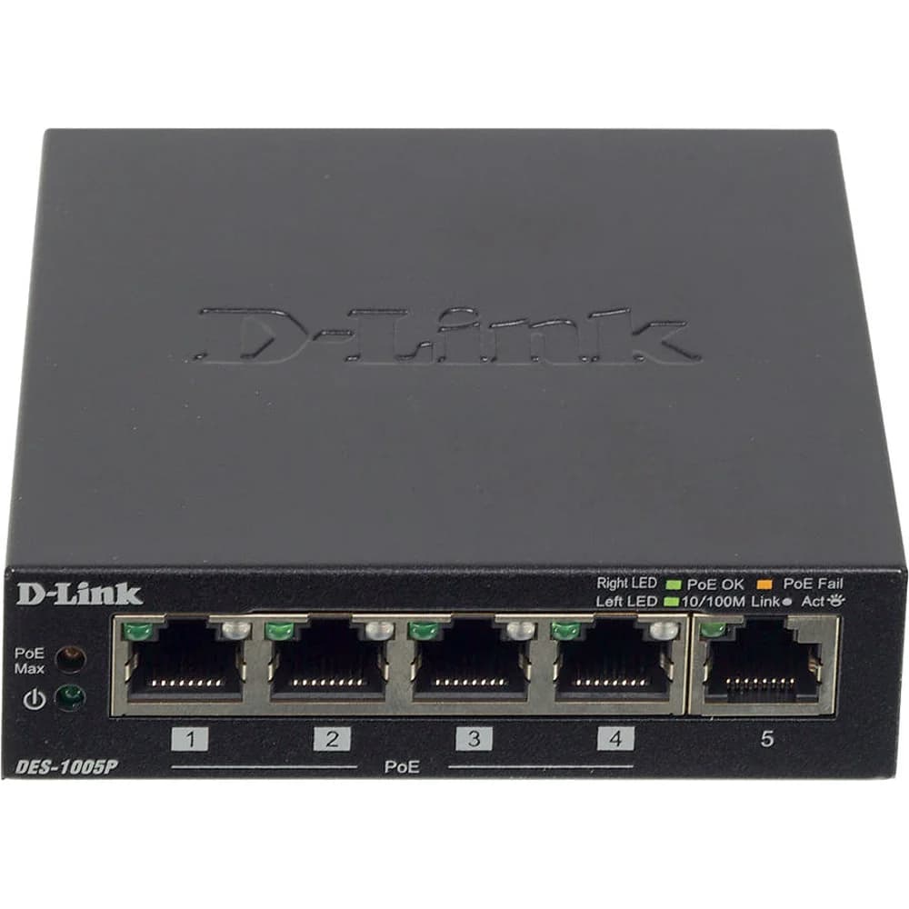 Коммутатор D-Link DES-1005P/B1A Неуправляемый коммутатор с 5 портами 10/100Base-TX, функцией энергосбережения и поддержкой QoS (4 порта с поддержкой PoE 802.3af/802.3at (30 Вт), PoE-бюджет 60 Вт) {1