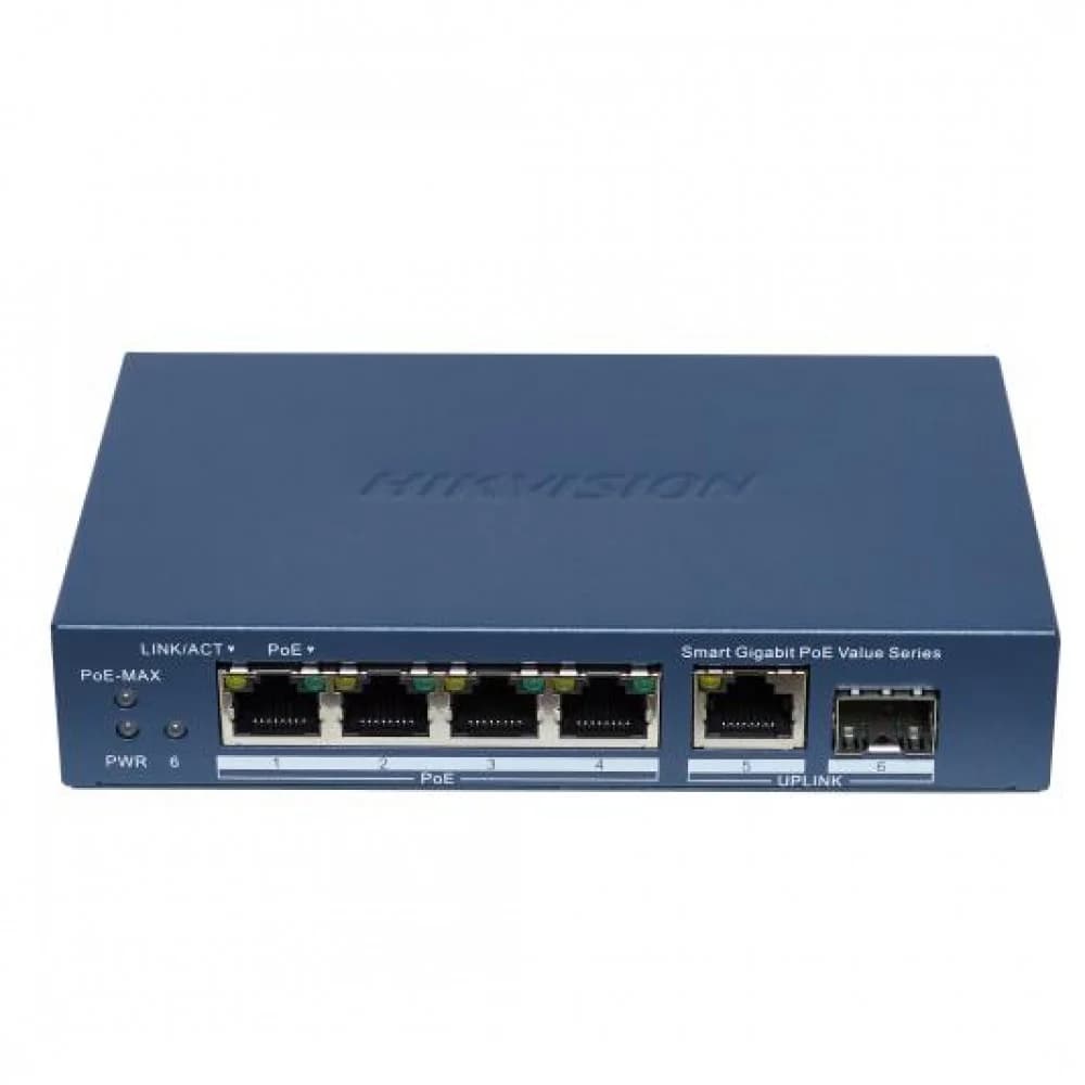 Коммутатор, Hikvision, DS-3E1506P-EI/M-4P1T1F, Управляемый L2, 4 x Gigabit RJ45, РоЕ 802.3af/at 45W, 1 x Gigabit RJ45, 1 x SFP, Настольный, Long Range Ports 1 to 4: up to 300 m.