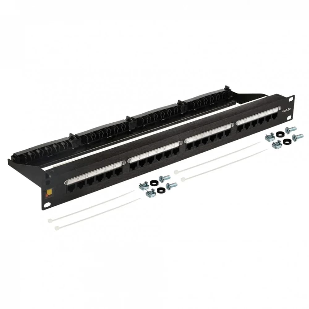 Патч-панель Патч-панель 19", 24 порта RJ45, неэкранированная, кат.5E, 1U, с задним органайзером с фиксаторами кабеля