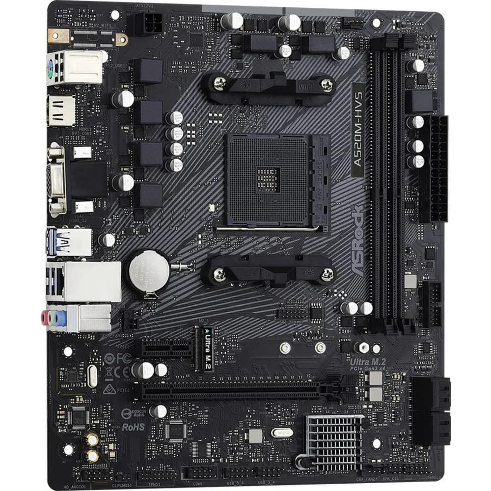 Материнская плата ASRock A520M-HVS, Socket AM4, AMD A520, 2xDDR4-3200, D-SUB+HDMI, 1xPCI-Ex16, 1xPCI-Ex1, 4xSATA3(RAID 0/1/10), 1xM.2, 8 Ch Audio, GLan, (2+4)xUSB2.0, (4+2)xUSB3.2, 1xPS/2, mATX, RTL