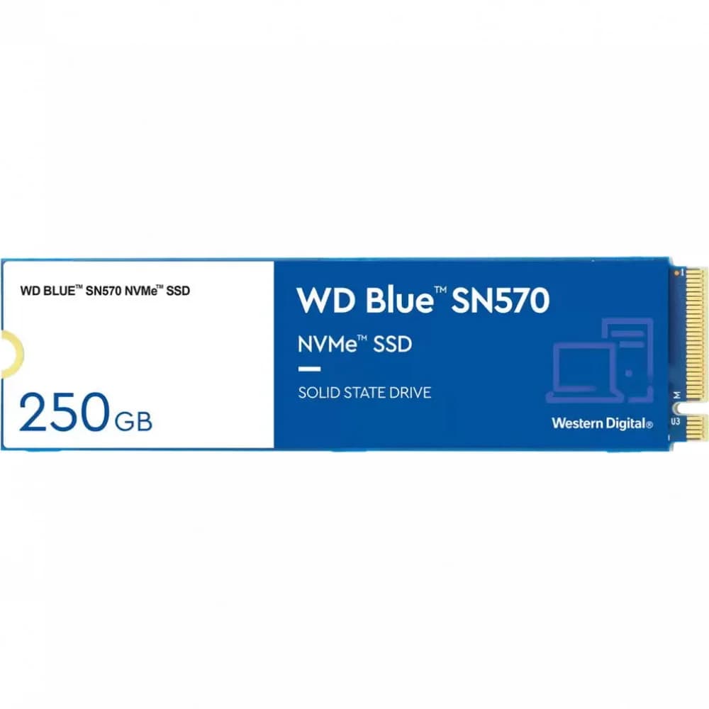 Твердотельный накопитель/ WD SSD Blue SN570 NVMe, 250GB, M.2(22x80mm), NVMe, PCIe 3.0 x4, 3D TLC, R/W 3300/1200MB/s, IOPs 190 000/210 000, TBW 150, DWPD 0.3 (12 мес.)