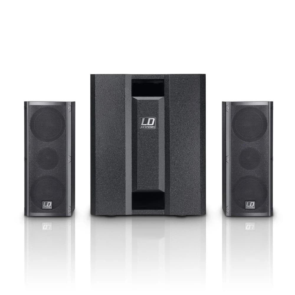 LD SYSTEMS Комплект акустики LDDAVE8ROADIE ЧЕРНЫЙ Комплект из сабвуфера и двух акустических систем активный. Динамик сабвуфера 8", диаметр динамиков сателлитов 4" плюс 1" твитер. Мощность RMS 350 Вт