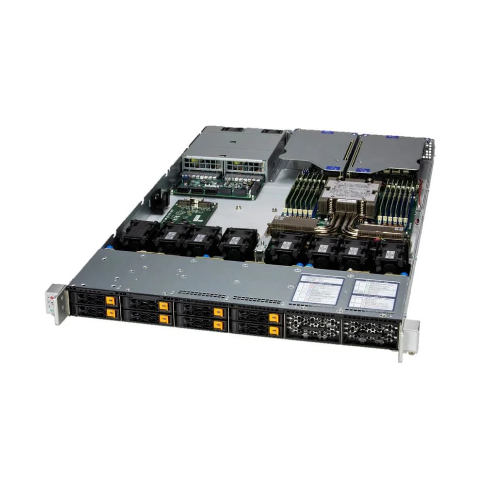 SUPERMICRO assembled server based on AS-1116CS-TN, Turin 9575F CPU, 2x 32GB DDR5-6400, SSD 2.5" NVMe PCIe4 960GB, AIOM G3 x4 2x 10GbE RJ45 Intel X550-AT2, AOC-STGS-I2T-O, 2x PWS-2K09A-1R, CBL-MCIO-1