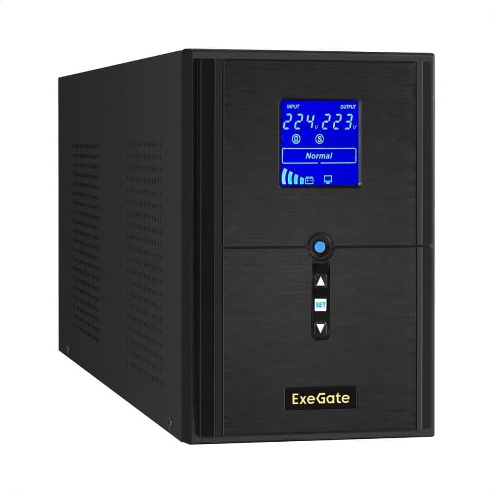 ИБП (инвертор, синус, для котла) ExeGate SineTower SN-2000.LCD.AVR.3SH.1C13.RJ.USB (2000VA/1600W, чистая синусоида, LCD дисплей, AVR, 3*EU/Тип F(Schuko)+1*C13, RJ45/11, USB, батарея 12V 9Ah - 4 шт.,