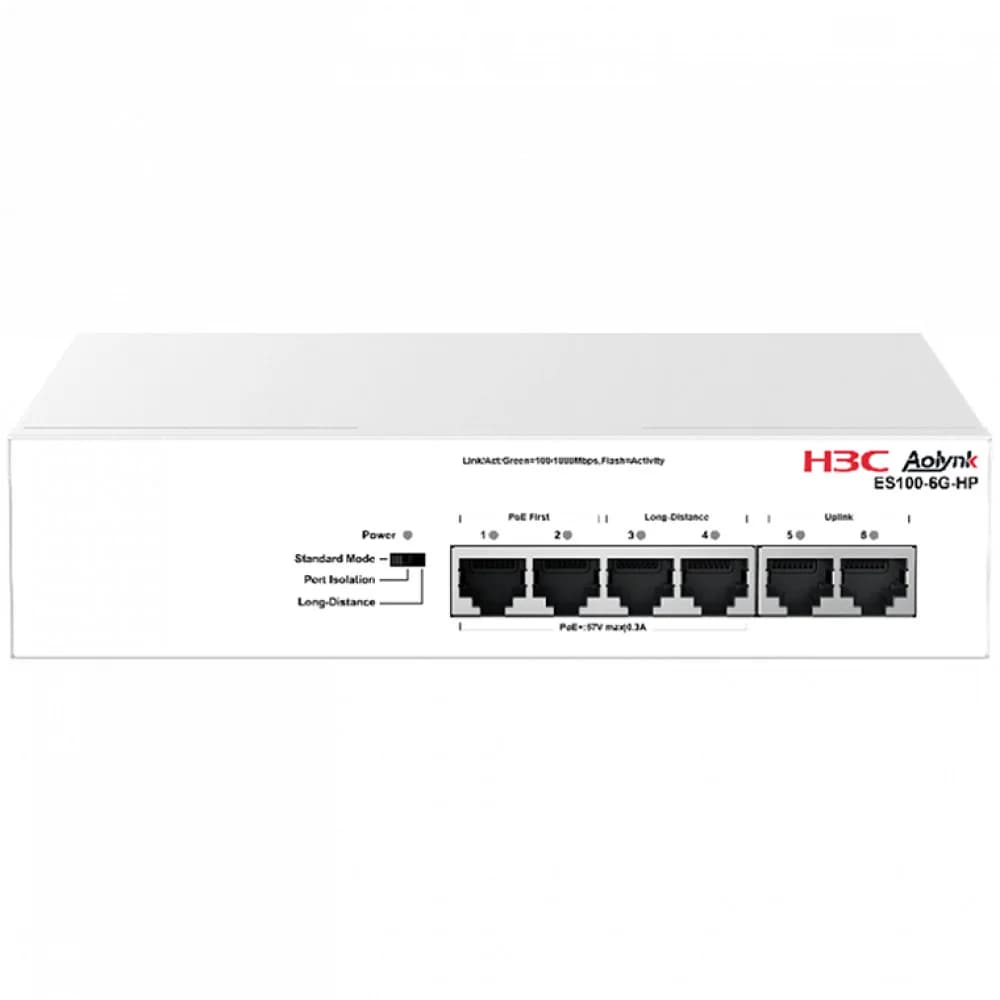 Коммутатор, H3C, Aolynk ES100-6G-HP, Неуправляемый, 2 uplink порта, 4 порта 10/100/1000Base RJ45 4 PoE+, DIP переключатель режимов, Настольный, 802.3af/at, бюджет 65W