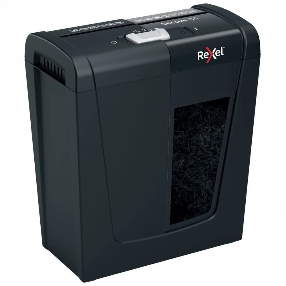 SHRp P-2 Rexel Secure S5 Шредер Продольная резка, уровень секретности P-2. Размер фрагментов 6 мм. Корзина объемом 10 литров (вмещает 75 измельченных листов формата A4). Уничтожает до 5 листов форма