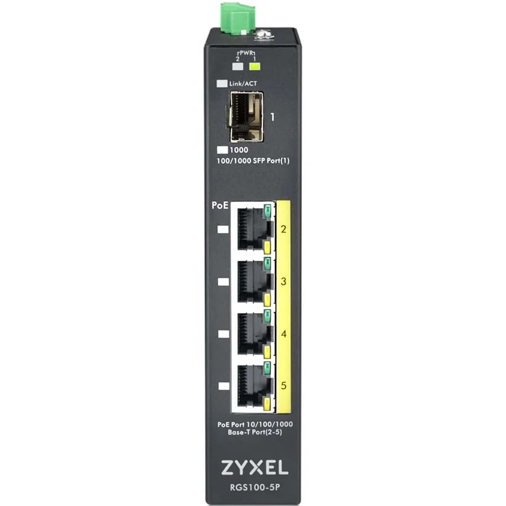 ZYXEL RGS100-5P-ZZ0101F Промышленный PoE+ коммутатор Zyxel RGS100-5P, 4xGE PoE+, 1xSFP, крепление на стену/DIN-рейку, IP30, два источника питания DC, бюджет PoE 120 Вт