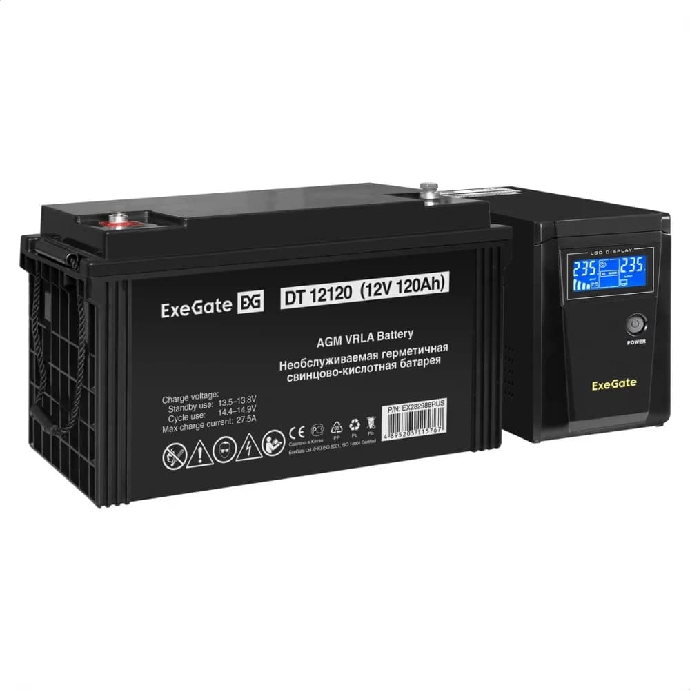 Комплект ИБП EX295986RUS + батарея 120Aч EX282988RUS 1шт (инвертор, синус, для котла) ExeGate SineTower SZ-600.LCD.AVR.1SH <600VA/360W, чистый синусоида, LCD дисплей, AVR, 1*Schuko, линейно-интеракт