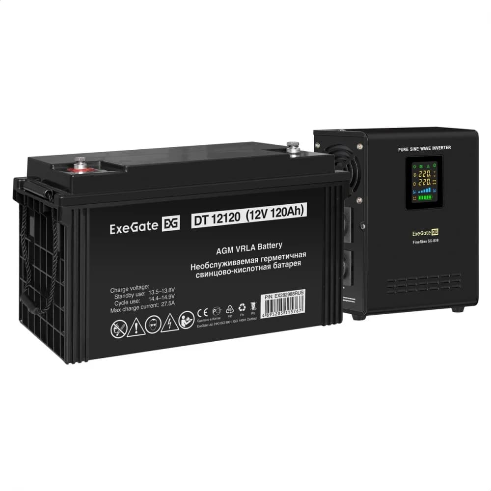 Комплект ИБП EX295996RUS + батарея 120Aч EX282988RUS 1шт (инвертор, синус, для котла, настенный) ExeGate FineSine SX-800.LCD.AVR.2SH <800VA/500W, чистая синусоида, цветной LCD-дисплей, AVR, 2*Schuko