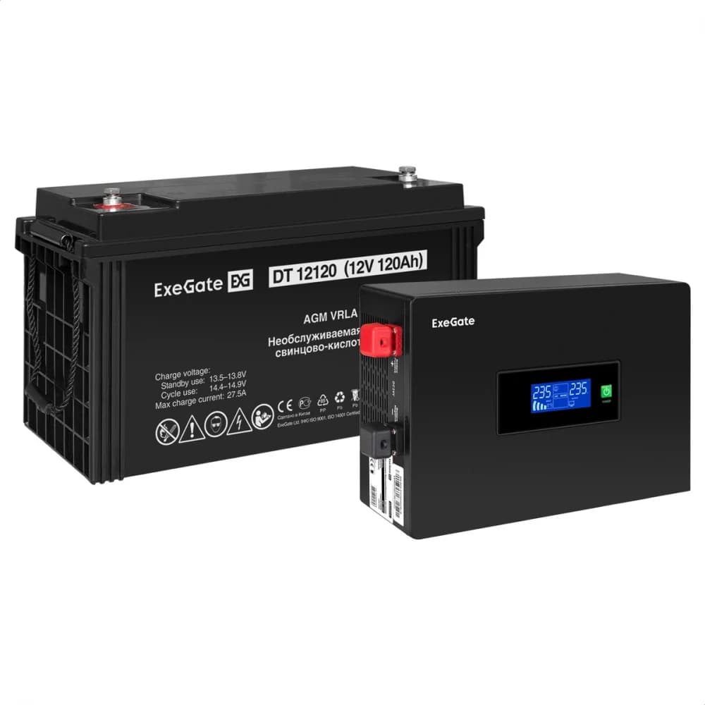 Комплект ИБП EX295992RUS + батарея 120Aч EX282988RUS 1шт инвертор, синус, для котла, PF=1, настенный) ExeGate IdealSine SR-600.LCD.2SH <600VA/600W, чистая синусоида, цветной LCD-дисплей, 2*Schuko, к