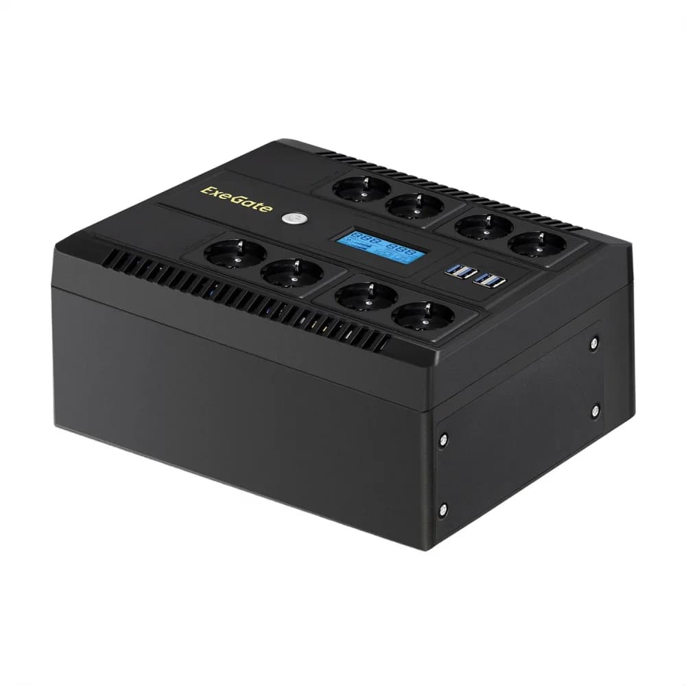 ИБП ExeGate NEO Smart LHB-1000.LCD.AVR.8SH.CH.RJ.USB (1000VA/650W, LCD, AVR, 8*EU/Тип F(Schuko), RJ45/11, USB, 4*USB-порта для зарядки, батарея 12V 9Ah, Black)