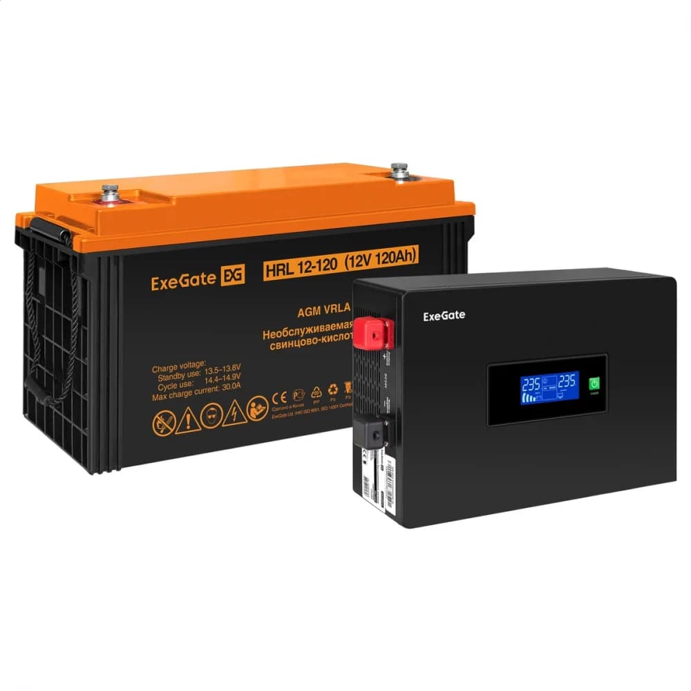 Комплект ИБП EX295992RUS + батарея 120Aч EX285657RUS 1шт (инвертор, синус, для котла, PF=1, настенный) ExeGate IdealSine SR-600.LCD.2SH <600VA/600W, чистая синусоида, цветной LCD-дисплей, 2*Schuko,