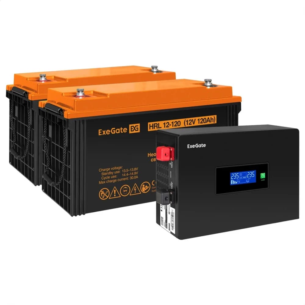 Комплект ИБП EX295994RUS + батарея 120Aч EX285657RUS 2шт (инвертор, синус, для котла, PF=1, настенный) ExeGate IdealSine SR-1500.LCD.2SH <1500VA/1500W, чистая синусоида, цветной LCD-дисплей, 2*Schu