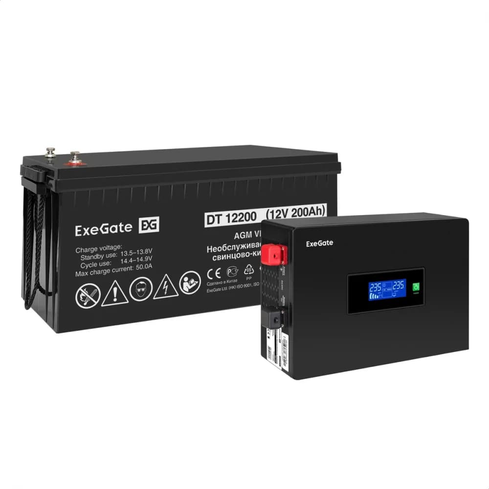 Комплект ИБП EX295992RUS + батарея 200Aч EX282991RUS 1шт инвертор, синус, для котла, PF=1, настенный) ExeGate IdealSine SR-600.LCD.2SH <600VA/600W, чистая синусоида, цветной LCD-дисплей, 2*Schuko, к
