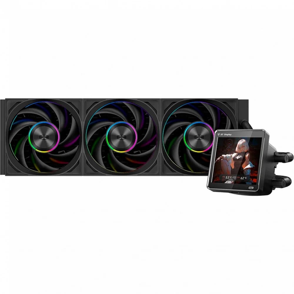 Система охлаждения/ Water Cooling System PCCooler DT360 ARGB Display BK (300W, 360mm, LED temp., Black, ARGB/ Fans: 3x120mm, 83.83CFM, 3000RPM/ Pump height 62mm, 15dBA, 2600RPM, Rad thickness 27mm/