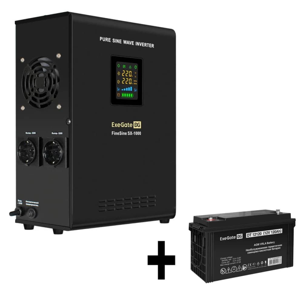 Комплект ИБП EX295997RUS + батарея 120Aч EX282988RUS 1шт (инвертор, синус, для котла, настенный) ExeGate FineSine SX-1000.LCD.AVR.2SH <1000VA/600W, чистая синусоида, цветной LCD-дисплей, AVR, 2*Schu