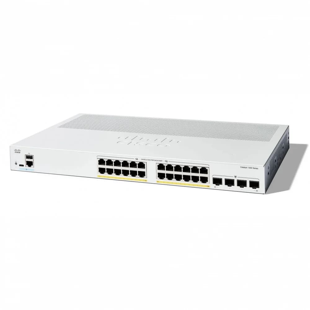 Коммутатор CISCO Catalyst 1300 24x 10/100/1000 RJ-45 PoE+, 4x 1Gb SFP uplinks, PoE+ 195W, Fanless, C1300-24P-4G