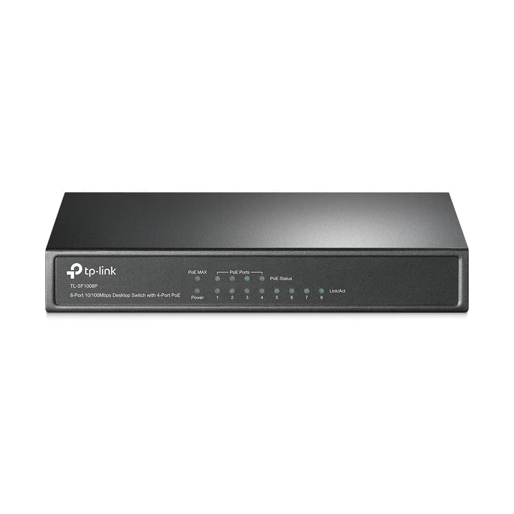 Коммутатор TP-Link TP-Link TL-SF1008P 8-портовый 10/100 Мбит/с настольный PoE коммутатор, 8 портов RJ45 10/100 Мбит/с + 4 порта PoE, IEEE 802.3af, бюджет PoE 57 Вт, стальной корпус