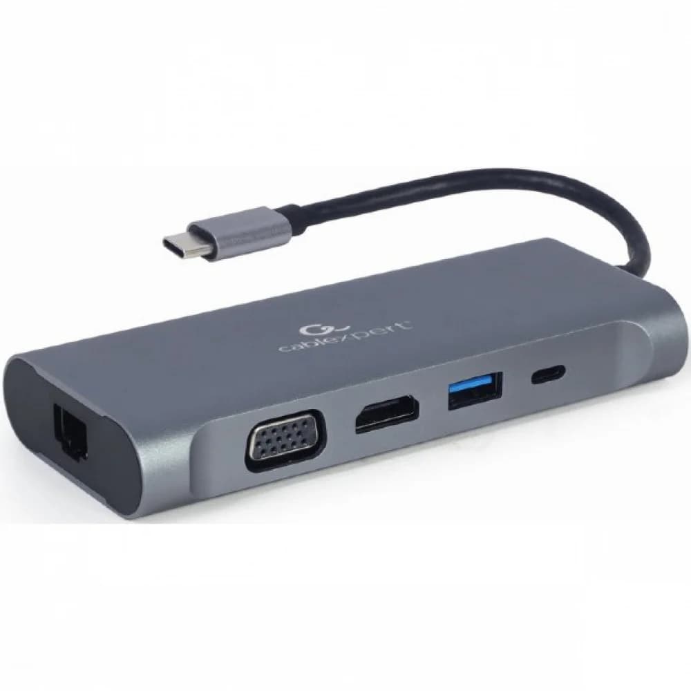 Конвертер Cablexpert USB Type-C 7-in-1 multi-port adapter (Hub3.0,HDMI,VGA,PD,card reader, stereo audio), space greyUSB-C PD (A-CM-COMBO7-01)