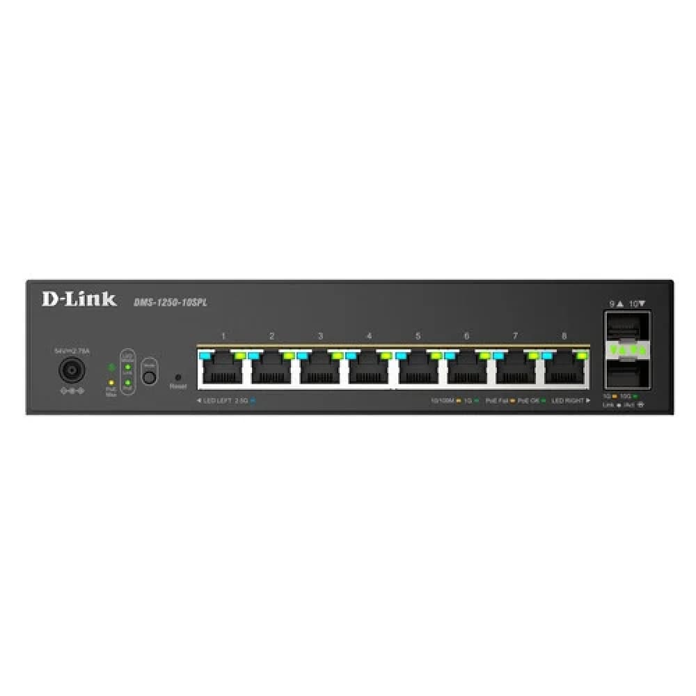 Коммутатор D-Link Управляемый L2 PoE-коммутатор, 8x2.5GBase-T PoE (2 порта PoE 802.3bt 60 Вт), 2x10GBase-X SFP+, PoE-бюджет 120 Вт, защита от статического электричества до 6 кВ, CLI