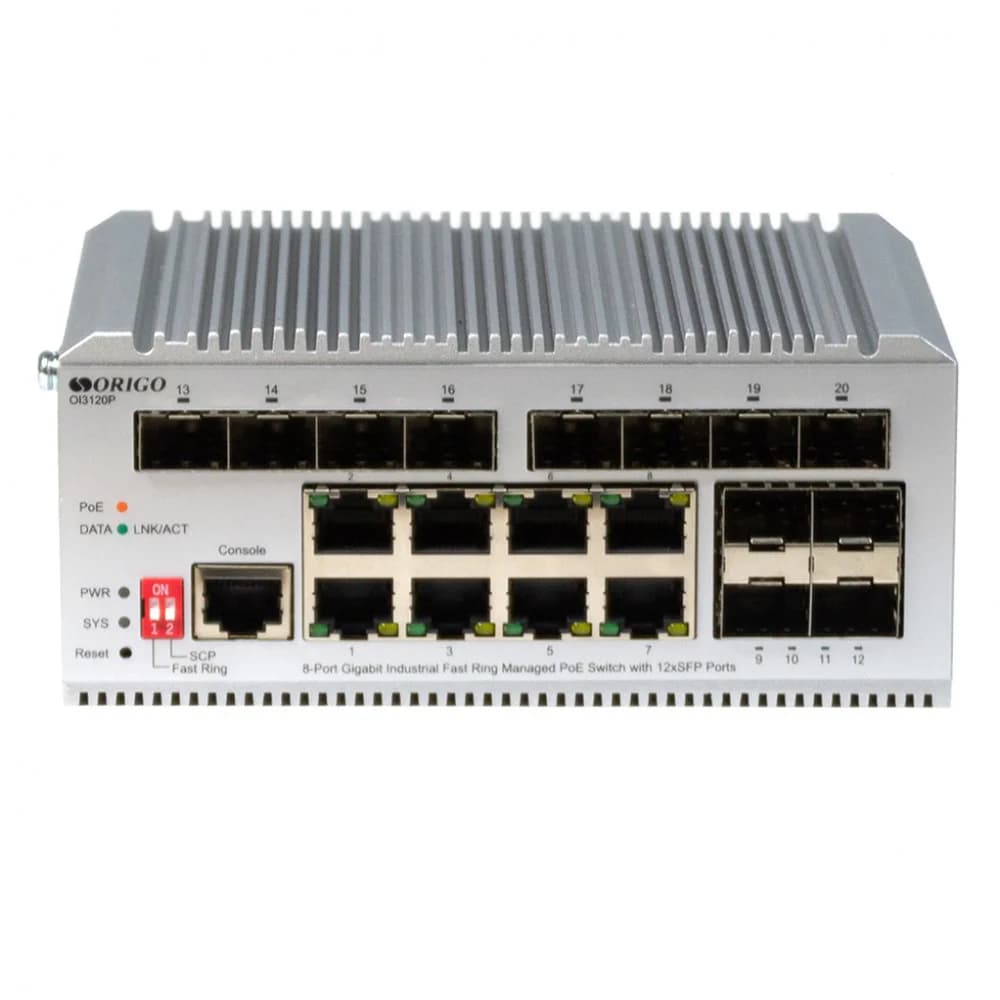 Коммутатор ORIGO OI3120P/185W/A1A Промышленный управляемый L2 PoE-коммутатор 8x1000Base-T PoE+, 12x1000Base-X SFP, PoE-бюджет 185 Вт