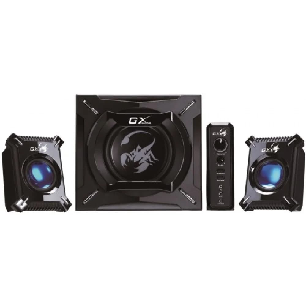 Колонки игровые для ПК Genius SW-G2.1 2000 II /45 Вт (сабвуфер: 29 Вт + сателлиты: 8 Вт x2)/25-20000 Гц/синяя подсветка с пульсацией/регулировка громкости и басов/кабель 1.5 м/черный (31730020400)