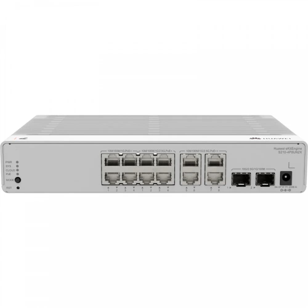 Коммутатор, Huawei, S210-4P8UN2X, Управляемый L2, 4GE RJ45 (PoE+), 82.5GE RJ45 (PoE+/PoE++), 210GE SFP+ uplink, VLAN, PoE 120W, fanless, стоечный 1U