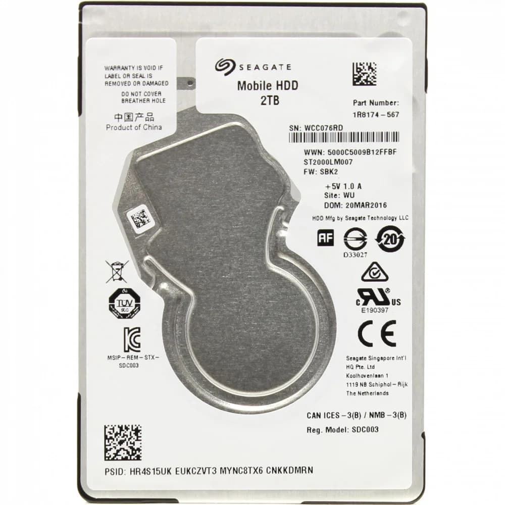 Жесткий диск/ HDD Seagate SATA 2Tb 2.5" Mobile 7mm 5400 RPM 128Mb 1 year warranty (replacement ST2000LM015, WD20SPZX)