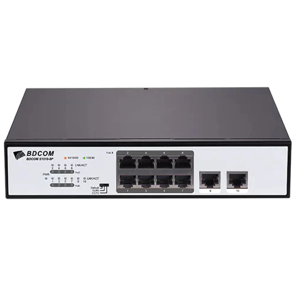 S1510-8P Коммутатор Unmanaged Multi functional PoE Switch (8 1000M PoE ports, 2 GE TX ports built-in AC220V power supply 120W PoE power, desk-top/rack-mounted installation)