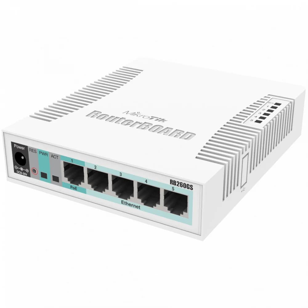 CSS106-5G-1S - Коммутатор MikroTik RouterBoard RB260GS CSS106-5G-1S (5x Gigabit Ethernet Smart Switch, SFP cage, plastic case, SwOS)