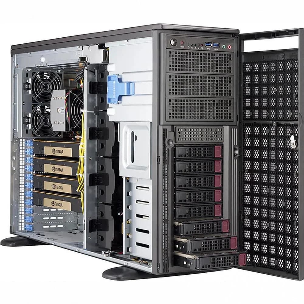Supermicro SYS-540A-TR Tower, LGA-4189, TDP 270W, Intel C621A, 16xDDR4, 8x3.5" Hot-swap, 7xPCI-E 4.0 x16, 1x1GbE, 1xRJ45 10GBase-T, 1xRJ45 IPMI, 4xUSB 2.0, 8xUSB 3.2, 1xVGA, 2x2200W