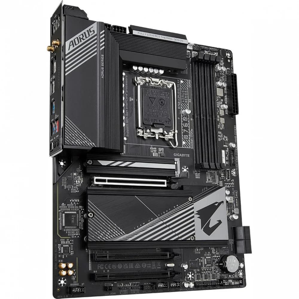 Материнская плата Gigabyte B760 AORUS ELITE AX, Socket 1700, Intel®B760, 4xDDR5-4800, HDMI+DP, 3xPCI-Ex16, 4xSATA3(RAID 0/1/5/10), 3xM.2, 8Ch Audio, 2.5GbLan, WiFi, (4+4)xUSB2.0, (5+2)xUSB3.2, (1+1)