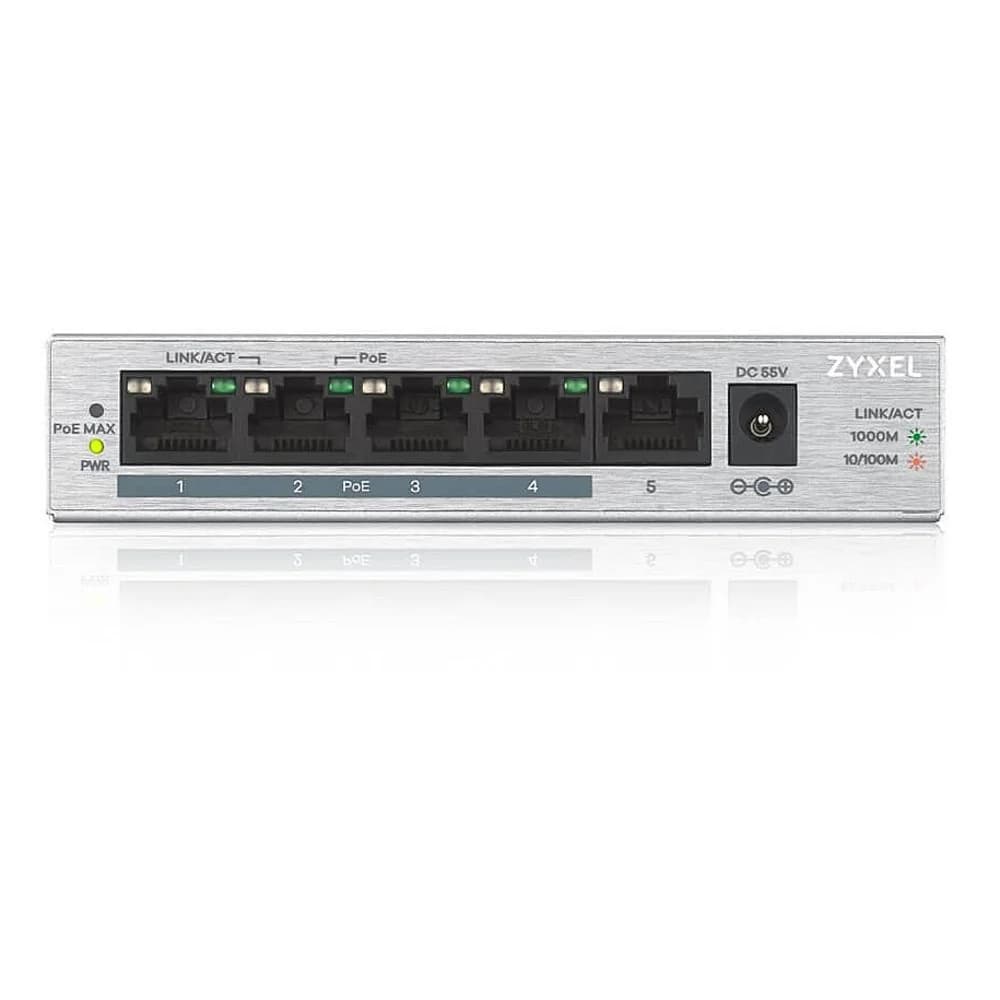 ZYXEL GS1005HP-EU0101F PoE+ коммутатор GS1005HP, 5xGE (4xPoE+), настольный, металлический, бесшумный, бюджет PoE 60 Вт