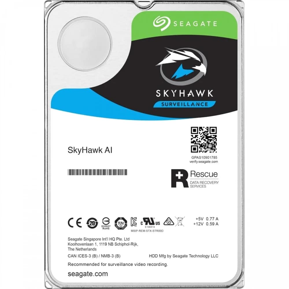 Жесткий диск для видеонаблюдения с искусственным интеллектом 12Tb Seagate SkyHawk AI Survelilance SATA3 3.5" 256Mb 7200rpm ST12000VE001. Поддержка до 64 HD-камер и 32 дополнительных потоков ИИ1. Отс