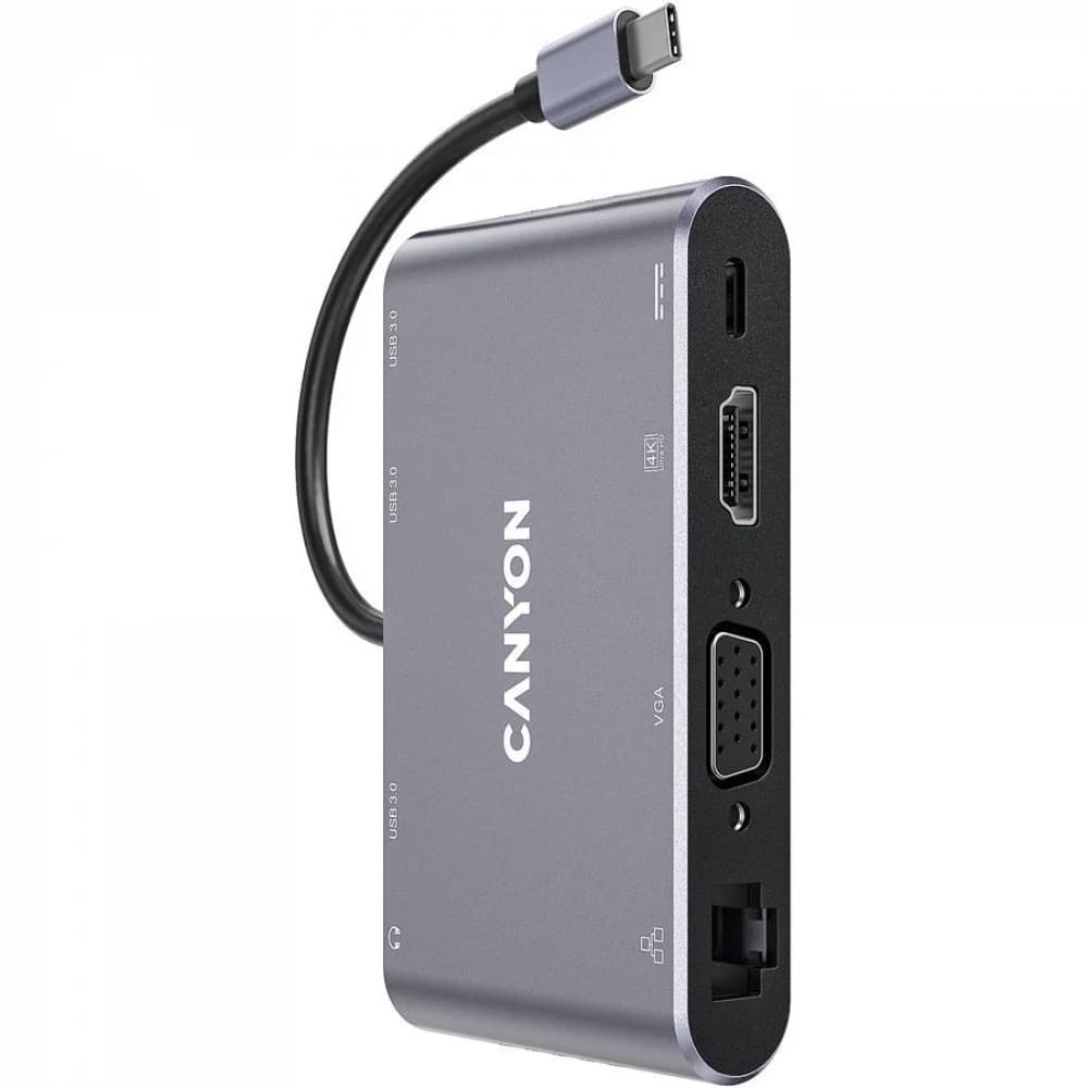 Canyon 8 in 1 USB C hub, with 1*HDMI: 4K*30Hz, 1*VGA, 1*Type-C PD charging port, Max 100W PD input. 3*USB3.0,transfer speed up to 5Gbps. 1*Glgabit Ethernet, 1*3.5mm audio jack, cable 15cm, Aluminum