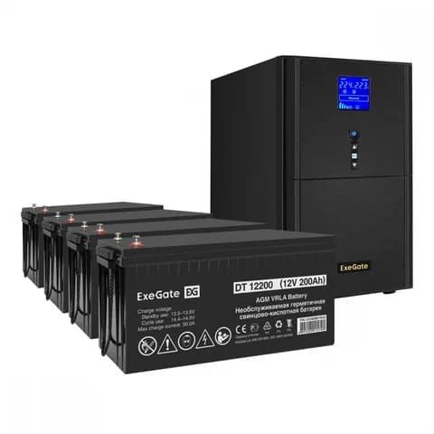Комплект ИБП EX295990RUS + батарея 200Aч EX282991RUS 4шт (инвертор, синус, для котла) ExeGate SineTower SZ-3000.LCD.AVR.3SH.1C13.RJ.USB <3000VA/2400W, чистый синусоида, LCD дисплей, AVR, 3*Schuko+1*