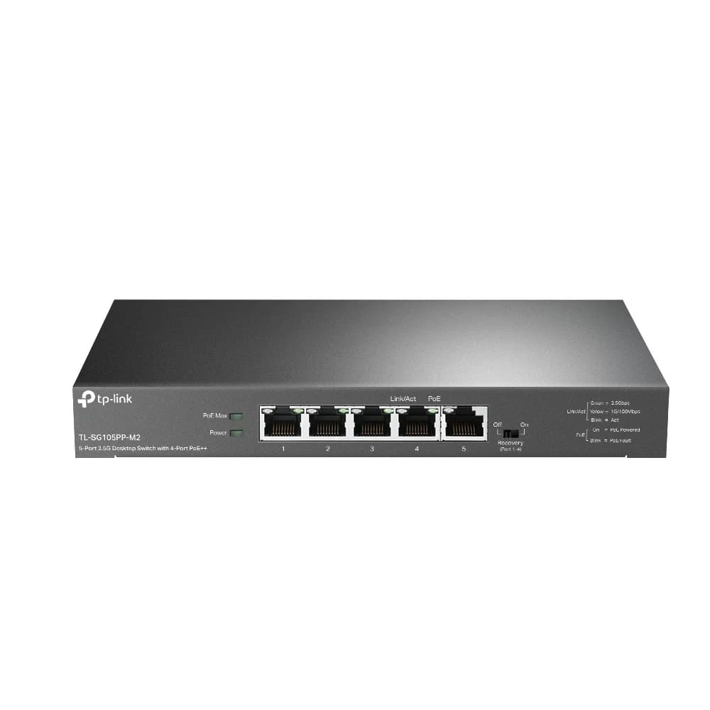 5-Port 2.5G Desktop Switch with 4-Port PoE++ PORT: 4× 2.5G PoE++ Ports, 1x 2.5G Non-PoE PortSPEC: 802.3af/at/bt type3, 123 W PoE Power, Desktop Steel CaseFEATURE: PoE Auto Recovery for Port1-4, Plug