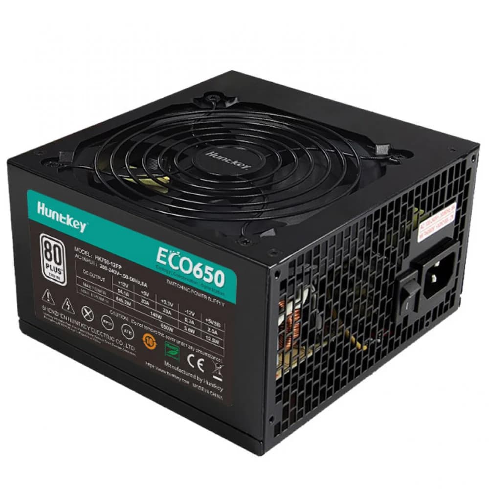Блок питания, Huntkey, ECO650, 650W, ATX, APFC, 20+4 pin, 2*4+4pin, 3*Sata, 3*Molex, 2*PCI-E 6+2 pin, Вентилятор 12см, Кабель питания, Чёрный