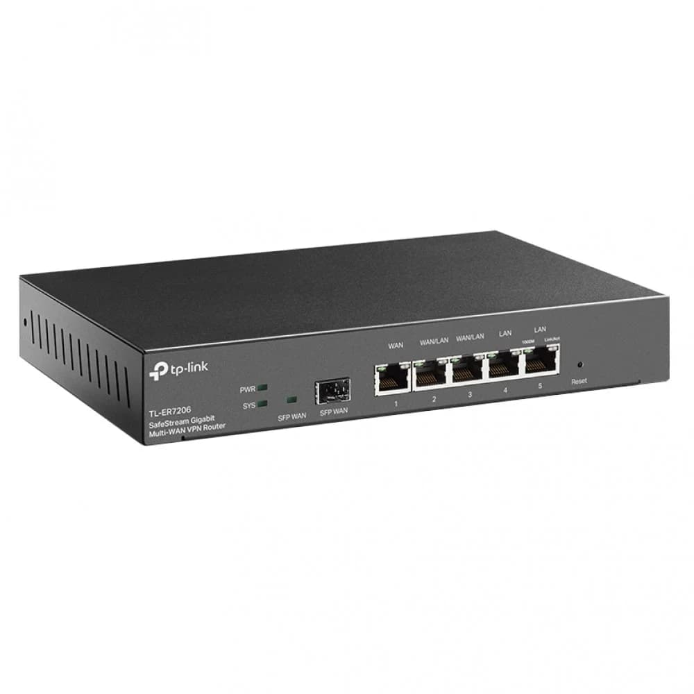 TP-Link TL-ER7206 SafeStream Gigabit Multi-WAN VPN Router, 1× G SFP WAN Port, 1× G RJ45 WAN Port, 2× G WAN/LAN RJ45 Ports, 2× G RJ45 LAN port, Support 100 IPsec VPN Tunnels, 50 PPTP/L2TP VPN Tunnels