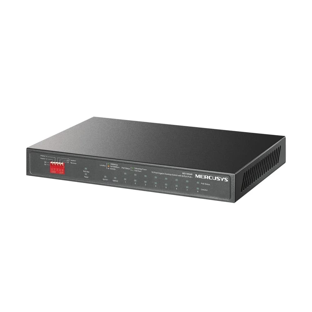 Mercusys MS110GMP Настольный коммутатор с 10 портами 1 Гбит/с (8 портов PoE+), PoE 8x30Вт (до 111 Вт), стальной