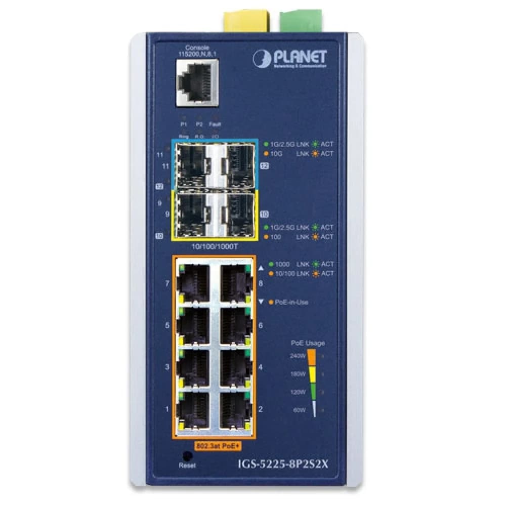 коммутатор/ PLANET IP30 Industrial L2+/L4 8-Port 1000T 802.3at PoE+ 2-port 100/1000X SFP + 2-port 10G SFP+ Full Managed Switch (-40 to 75 C, dual redundant power input on 48~56VDC terminal block, DI